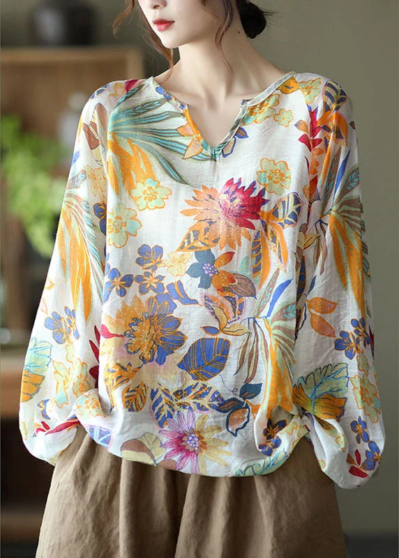 Handmade Apricot V Neck Casual Floral Fall Blouse Long sleeve