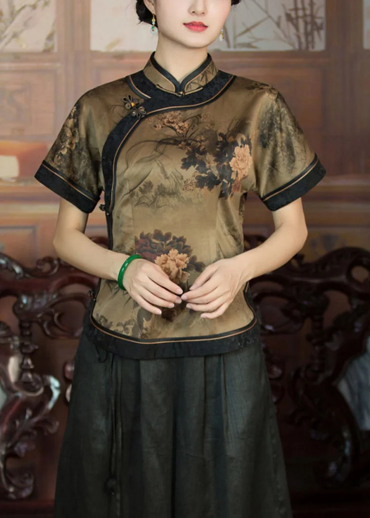 Elegant Dark Khaki Button Print Patchwork Silk Shirts Summer