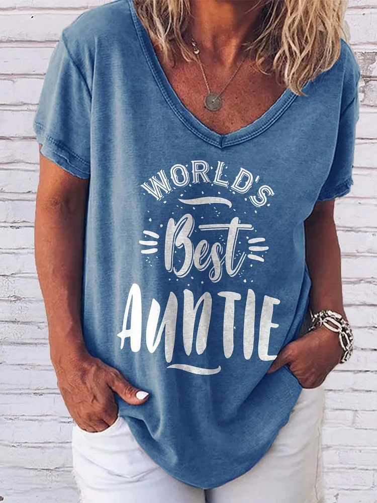 Bestdealfriday World's Best Auntie Graphic Short Sleeve V Neck Tee