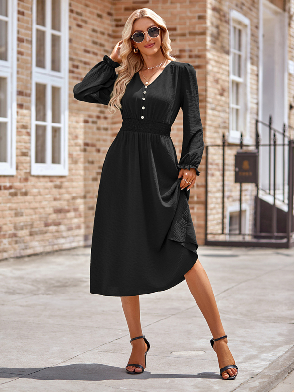 Mature Women Casual Summer V-neck Waist Solid Color Mid-length Dress