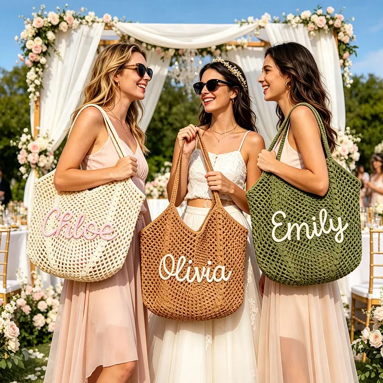 Personalised Straw Knitted Beach Bag and Crochet Tote - Unique Bridesmaid Gift Bags, Travel Wedding Favor, Bachelorette Trip Present