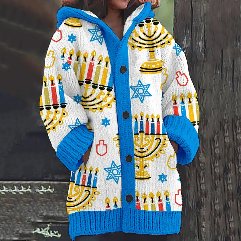 Women's Hanukkah Menorah Print Knitted Hooded Cardigan