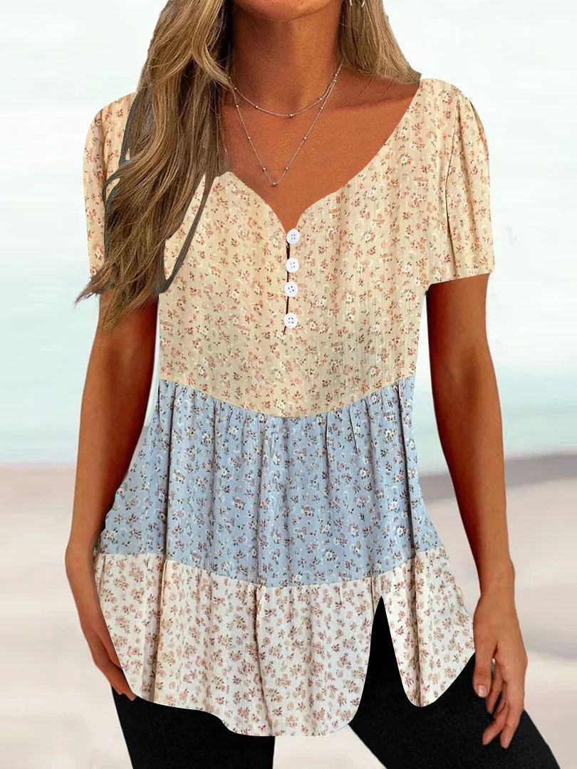 Women Short Sleeve V-neck Floral Printed Stitching Buttons Tops