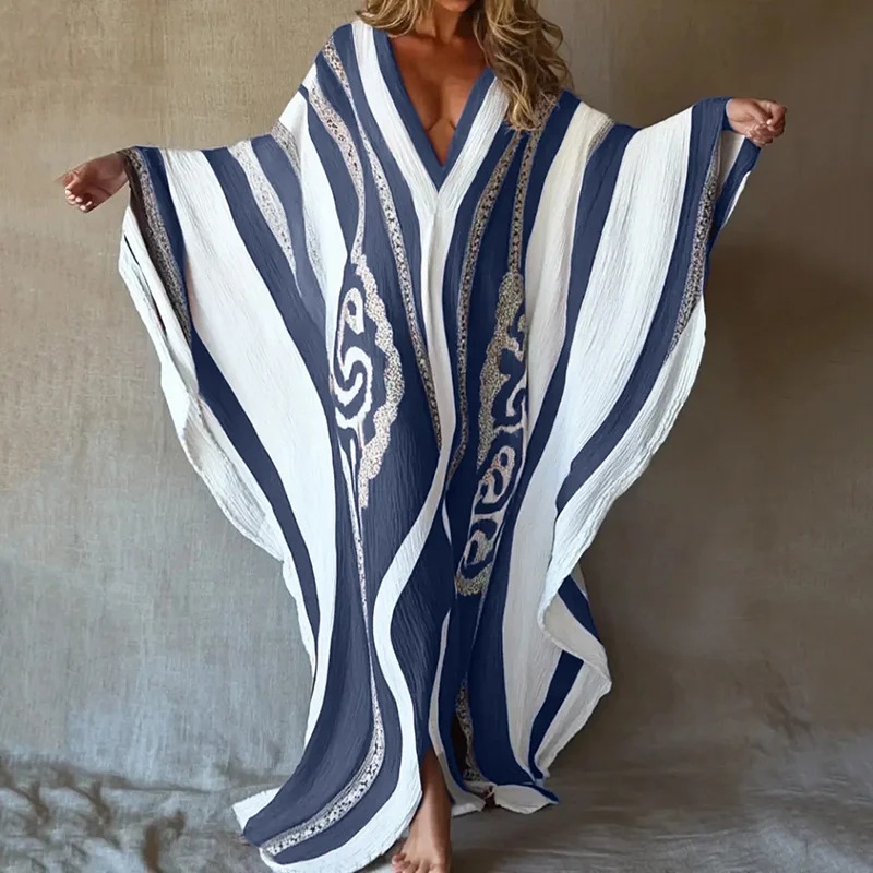 Nomad Spirit Ladies' Brushstroke Symphony Art Linen V-neck Long Kaftan