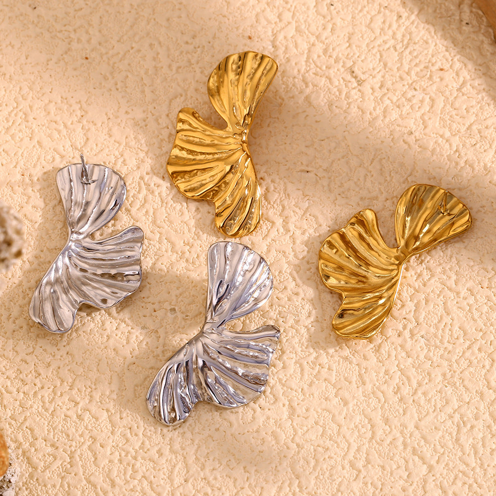 Ins Fashion Retro Ginkgo Leaf Earrings Stainless Steel 18K Gold Plated Hydraulic Symmetrical Petal Earrings For Women