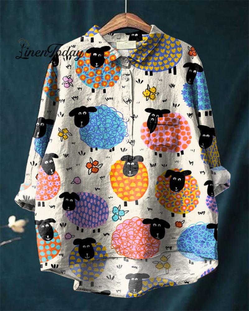 Vintage Farm Sheep Print Cotton And Linen Shirt Khaki / S