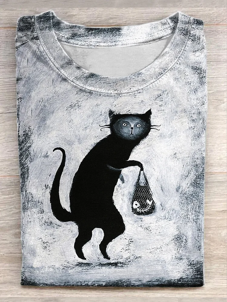 Unisex Funny Cat Art Painting Print Casual Round Neck Short Sleeve T-Shirt