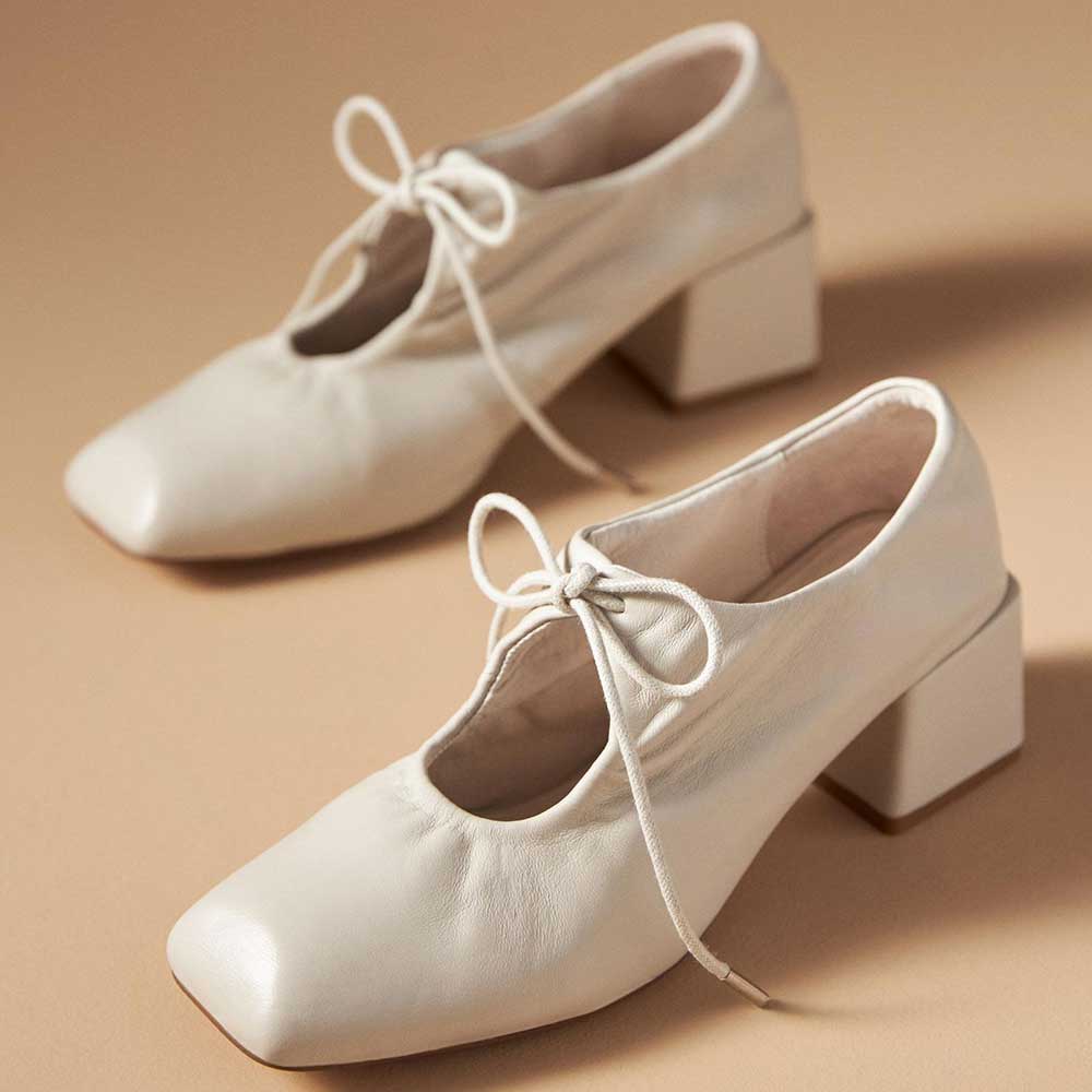 White Closed Square Toe Block Heel Mary Jane Shoes with Tie Styling Nicepairs
