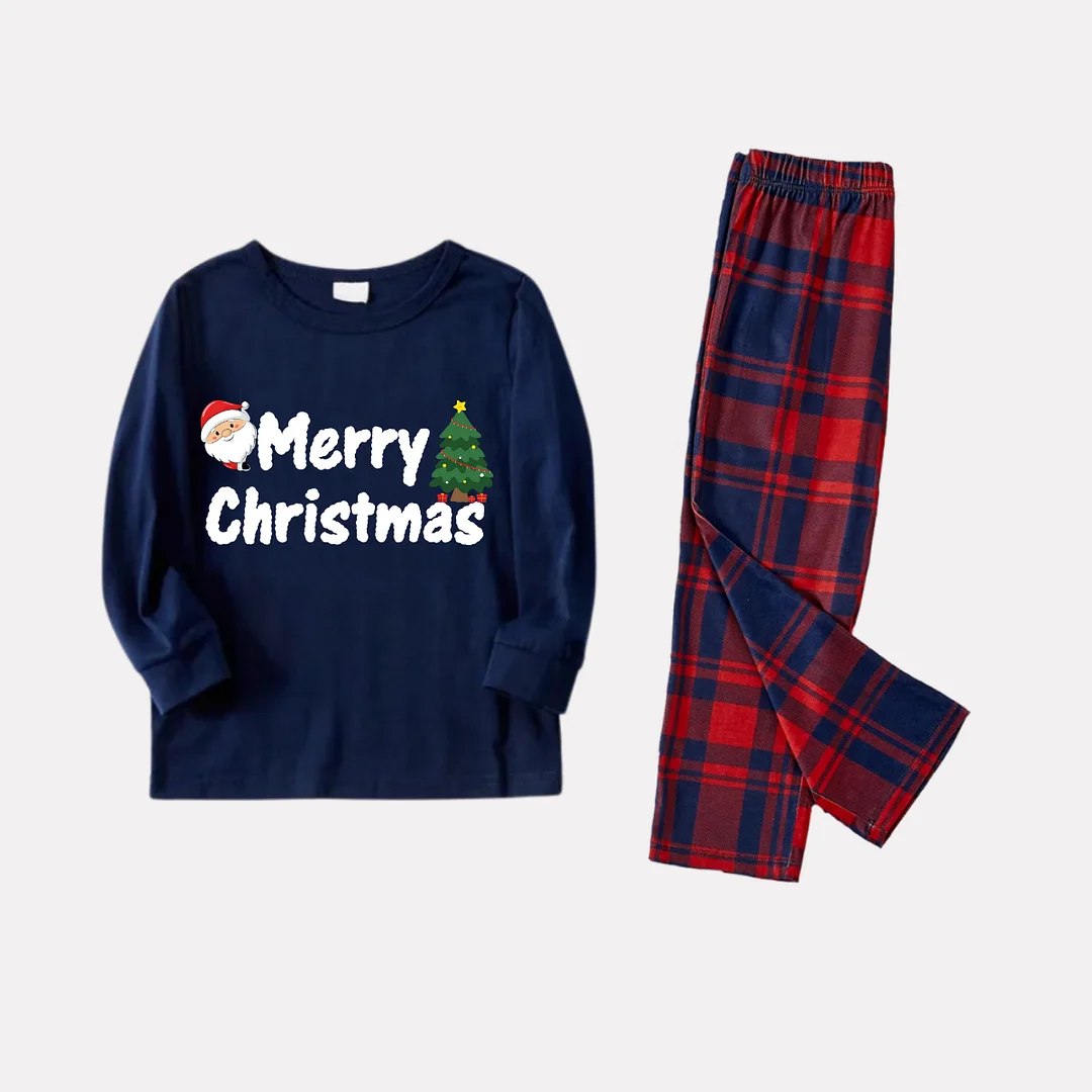 "Merry Christmas" Text and Santa Claus Prints Blue Long Sleeves Top with Red & Blue Plaid Pants Family Matching Pajamas