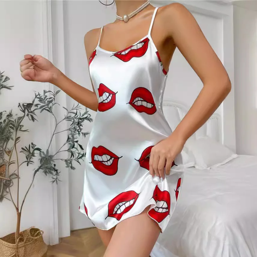 Brownm Bare-Back Ice Silk Halter Skirt Imitation Silk Nightskirt Summer Printed Pajamas Short Skirt Women's Household Clothes