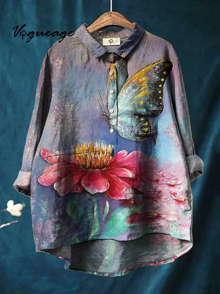 Beautiful Bright And Lifelike Vivid Flowers And Butterflies Print Cotton And Linen Shirt