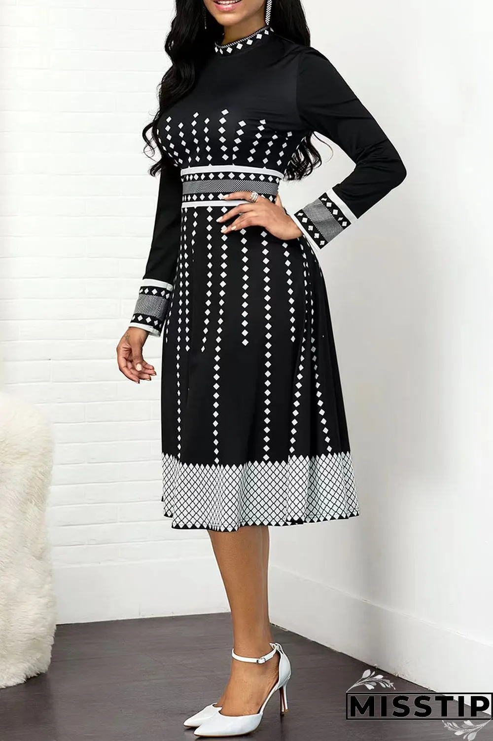 Olive Green Casual Print Polka Dot Patchwork O Neck A Line Dresses