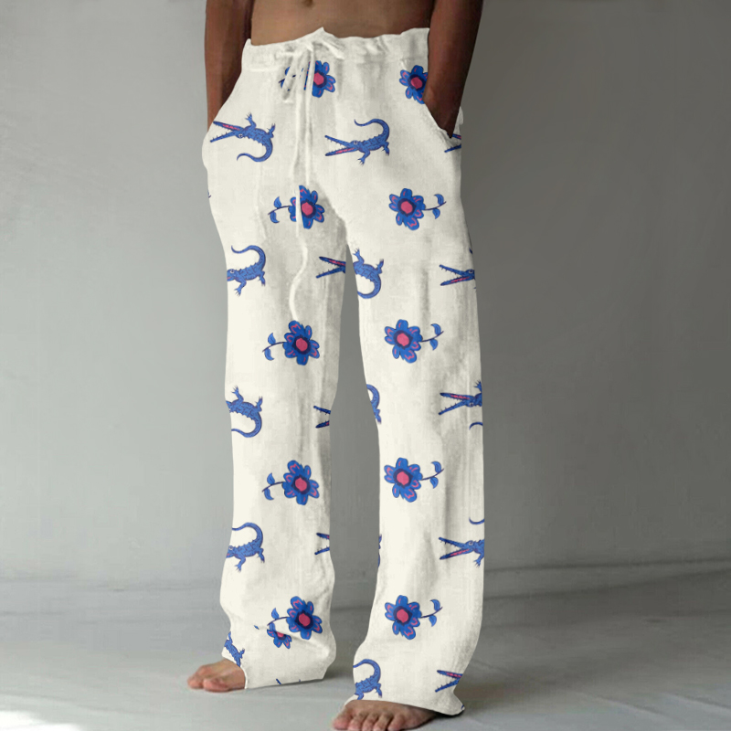 Comstylish Flower Crocodile Art Print Casual Linen Blend Pants