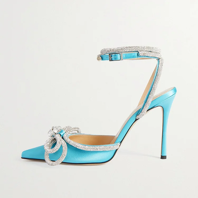 Blue Pointy Toe Rhinestone Satin Shoes Women's Stiletto Pump Bow Heels |FSJ Shoes