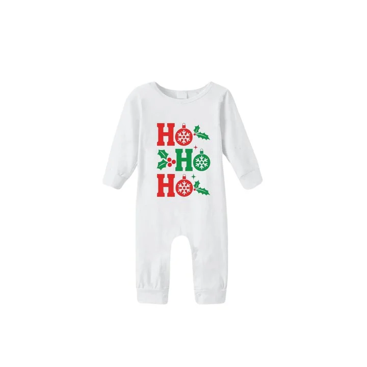 "HO HO HO" Letter Christmas 2024 White Long Sleeve Top with Red & Green Plaid Family Matching Pajamas