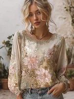 Women's Bohemian Lily Print Dyeing Gold Round Neck Long Sleeve Top