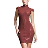 High Neck Wetlook Bodycon Mini Dress Women Short Sleeve Turtleneck Slim PVC Dress Ladies Full Zipper Dress Plus Size Clubwear