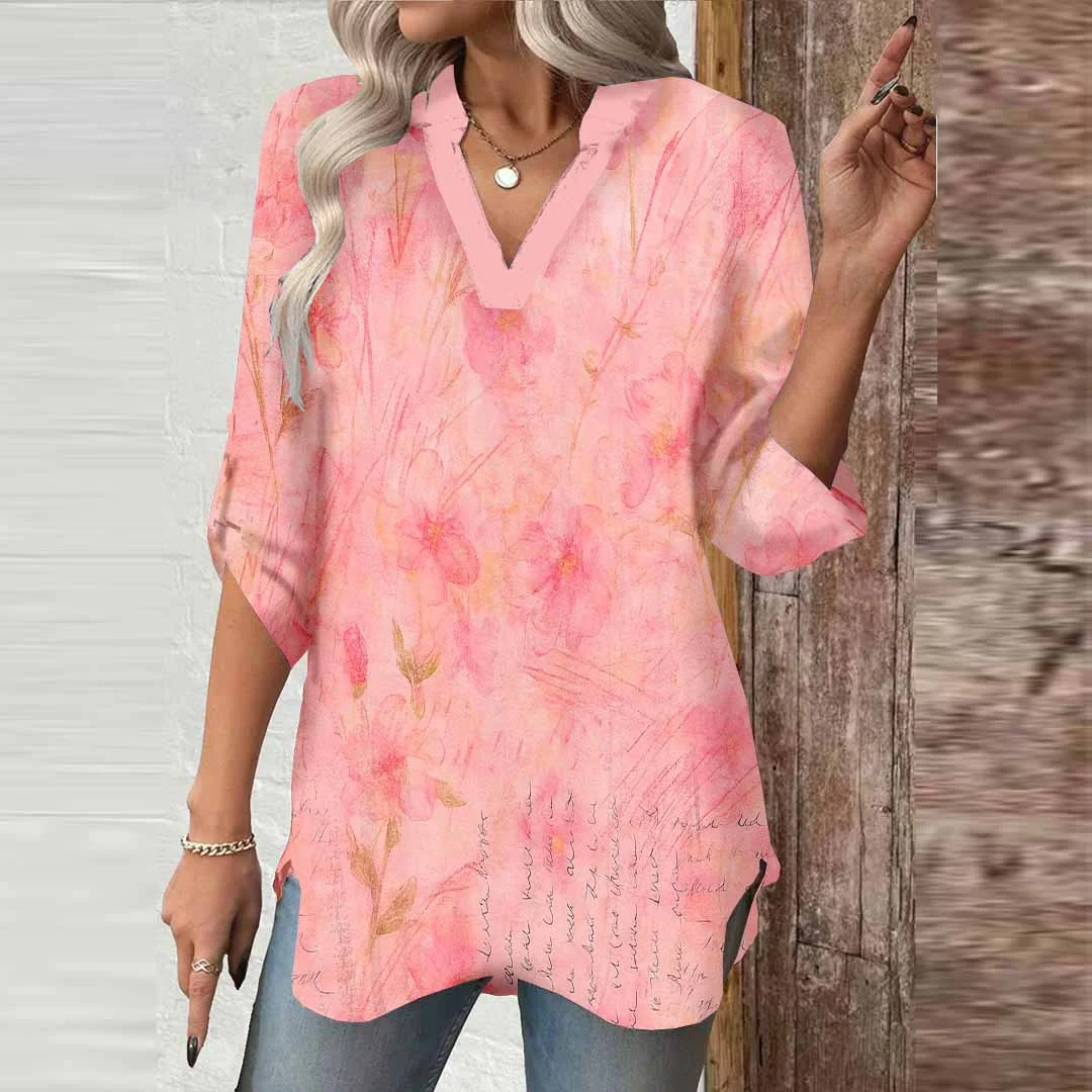 Women Pink, Flowers DZGA0462 3/4 Sleeve V-neck Printed Graphic Button Tops