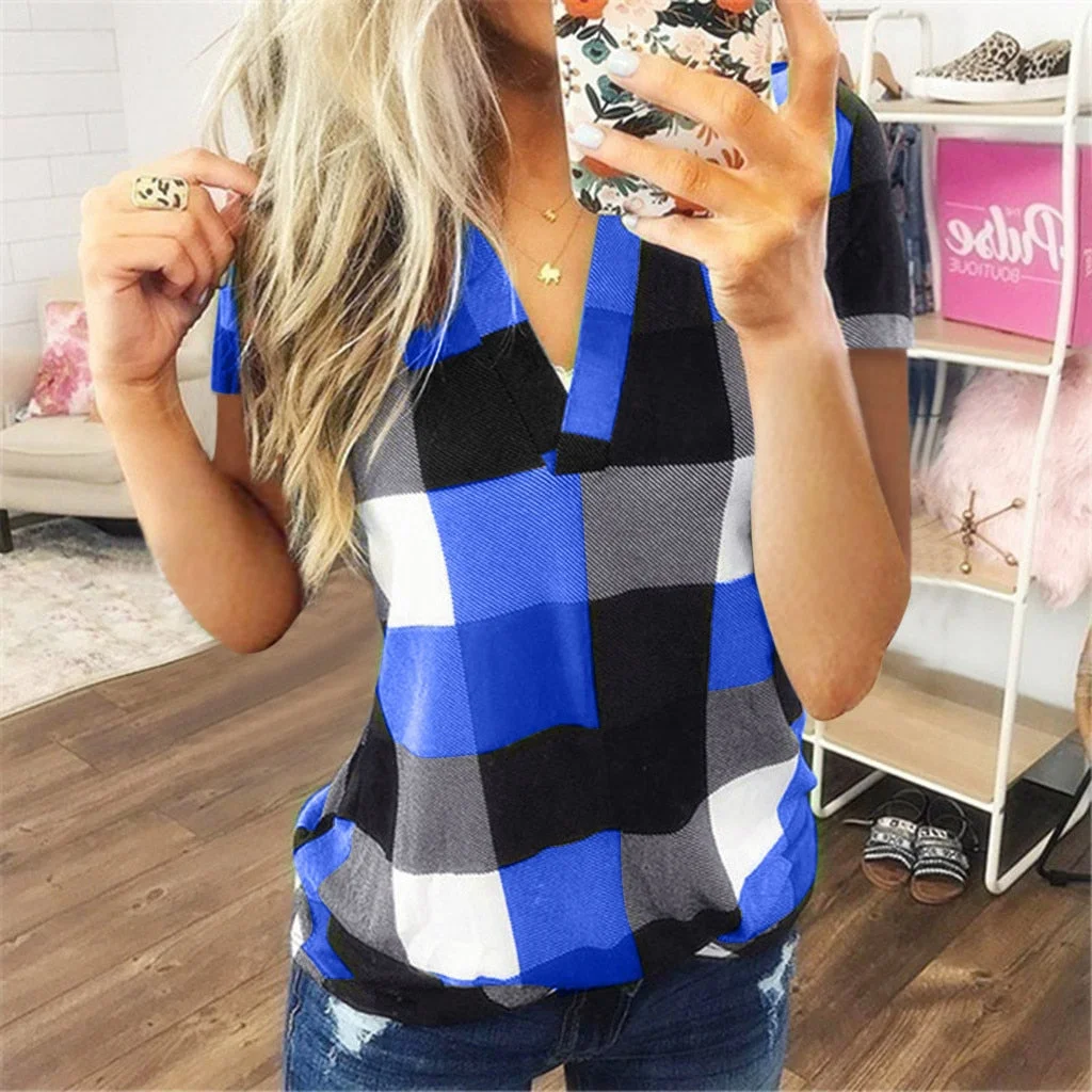 Fashion Plaid T Shirt Plus Size Cotton tshirt Casual Summer Ladies Sexy V-Neck Tunic Tops Female Women Short Sleeve Shirt Blusas