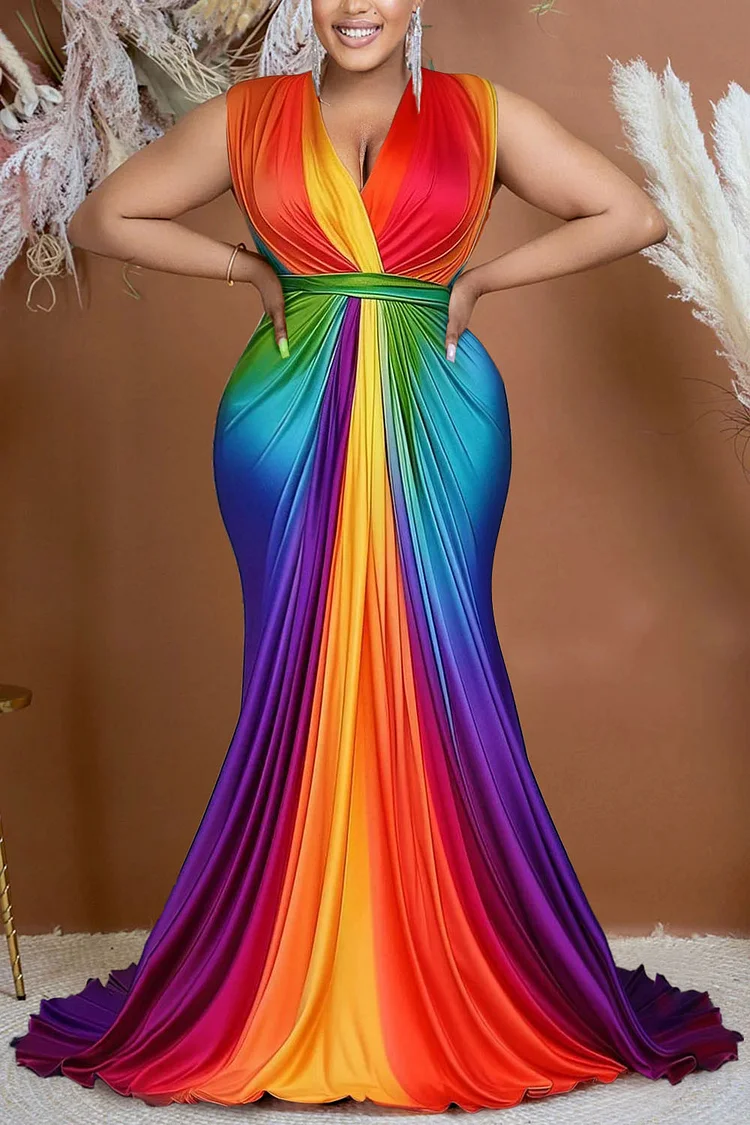 Plus Size Formal Rainbow Colorblock Wrap Neck Knitted Maxi Dresses [Pre-Order]