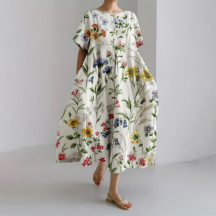 VChics Floral Print Round Neck Short Sleeve Midi Dress