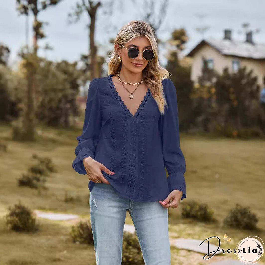 Women's Solid Color Pullover Stitching Lace Long-sleeved Blouses