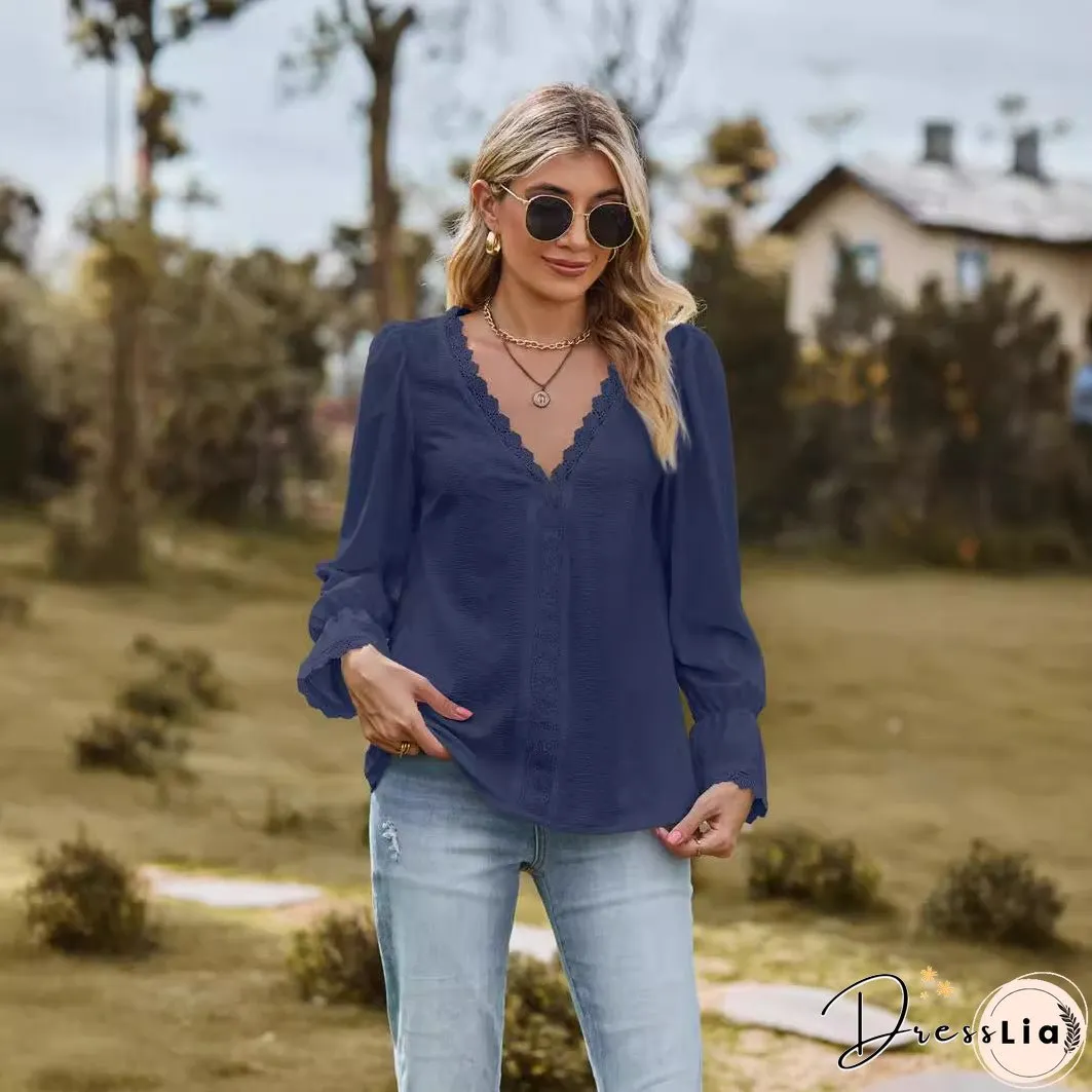 Women's Solid Color Pullover Stitching Lace Long-sleeved Blouses