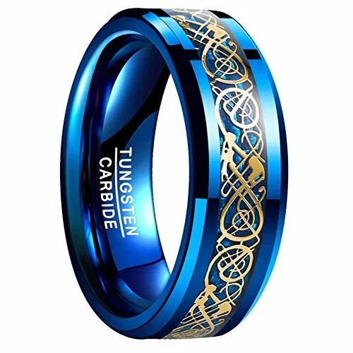 4MM 6MM 8MM 10MM Women or Men's Tungsten Carbide Wedding ring band.Blue Celtic Dragon Knot Wedding ring band. Blue and Gold Resin Inlay Celtic Dragon Knot Tungsten Carbide Rings Comfort Fit For Mens And Womens