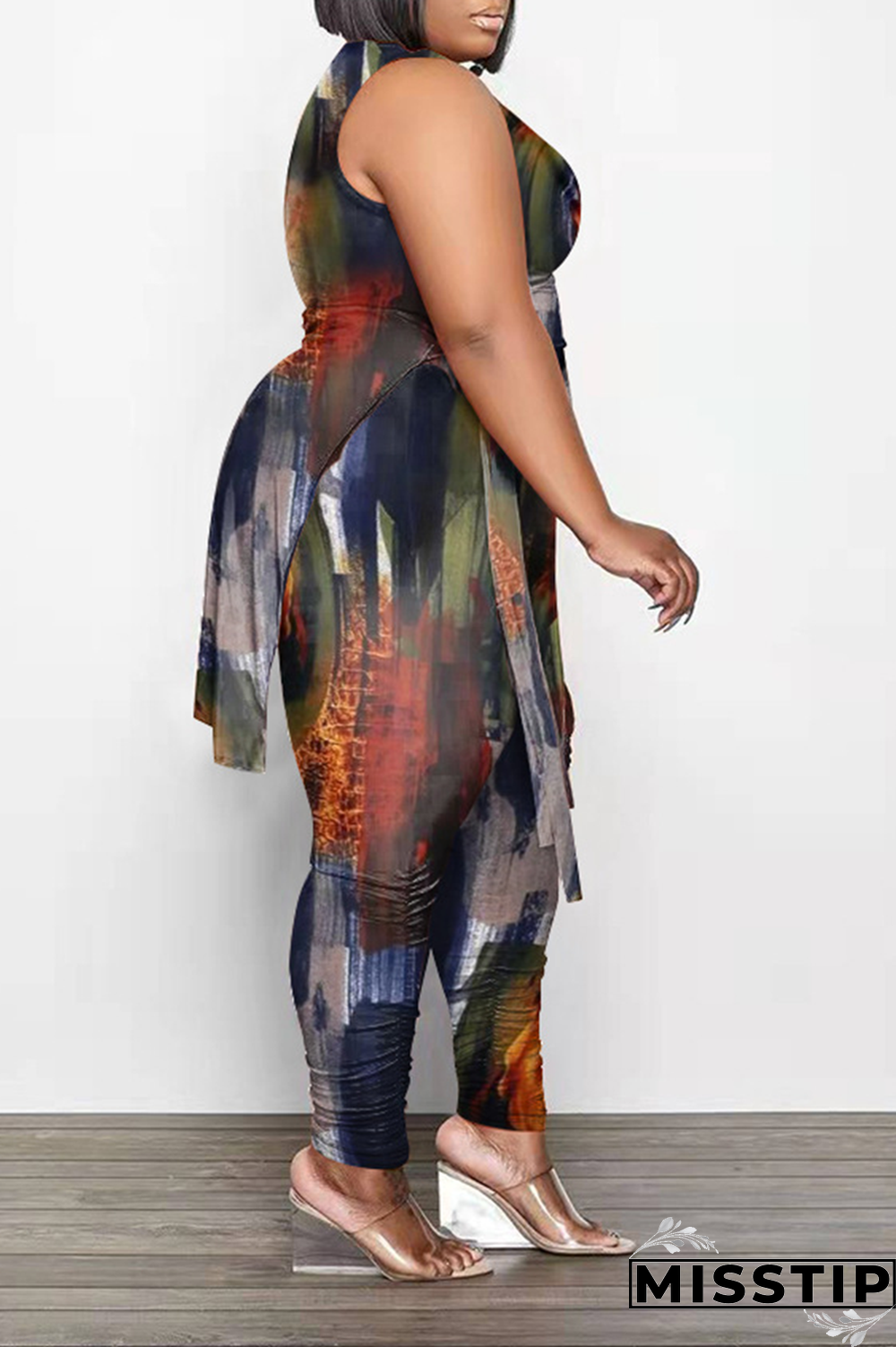 Black White Fashion Print Draw String O Neck Plus Size Two Pieces