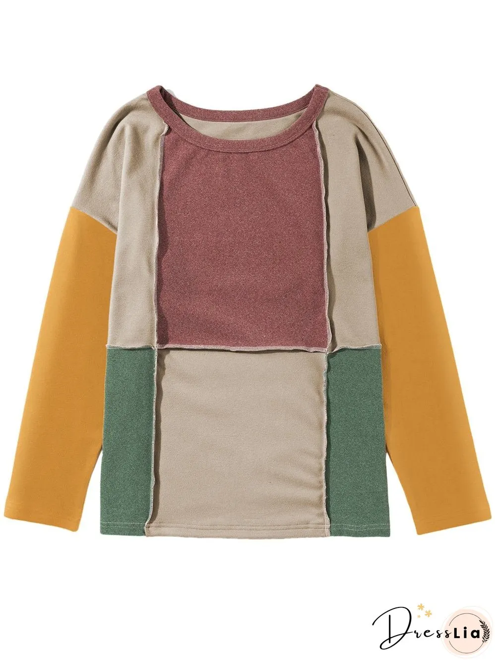 Light Beige French Seam Detail Colorblock Knit Top with Long Sleeves