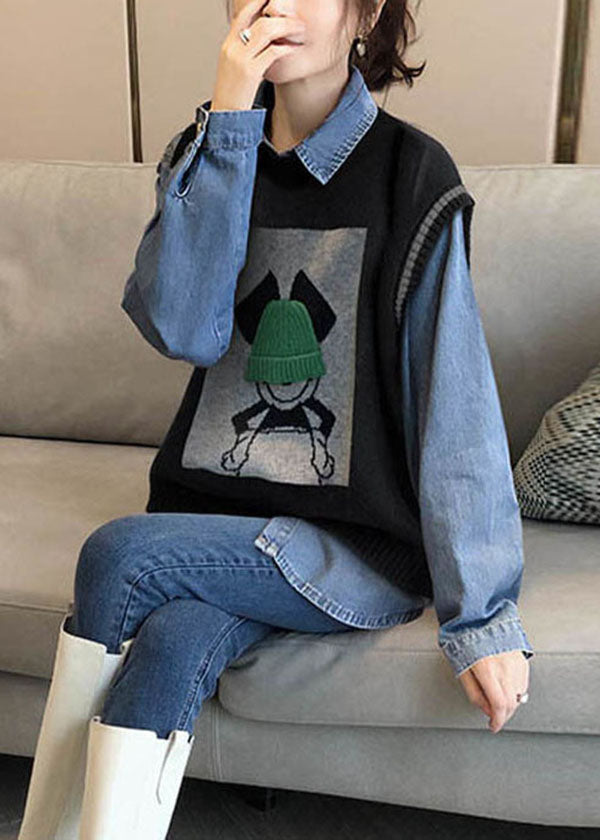 VCSHOES Black Oversized Jacquard Knit Vests And Denim Shirts Two Piece Set Women Clothing Winter