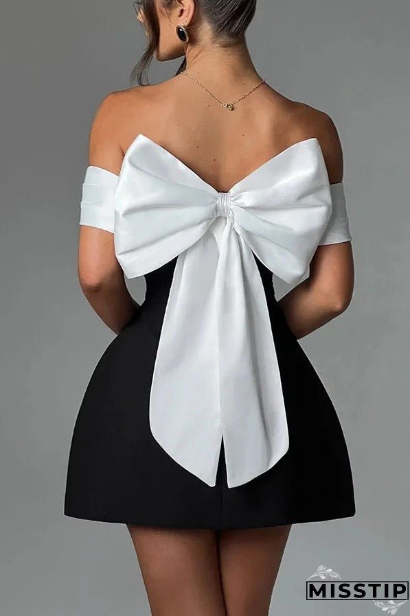 Sexy Contrast Off-the-shoulder Bow-embellished Mini Dress