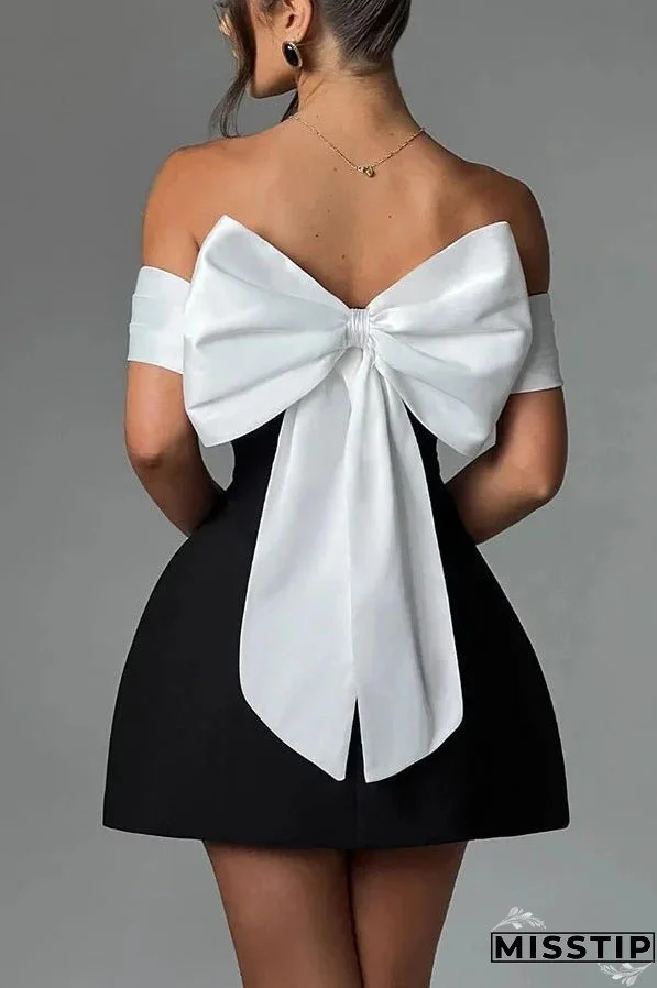 Sexy Contrast Off-the-shoulder Bow-embellished Mini Dress