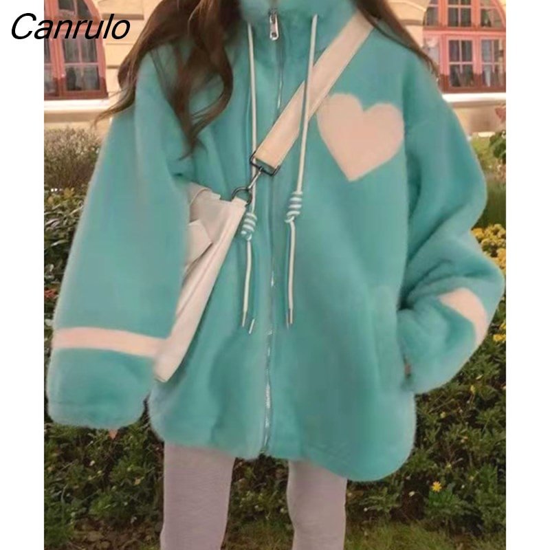 Canrulo Jackets Women Patchwork Heart Loose Thick Winter Design Sweet Ins Velvet Casual куртка женская BF Cool Streetwear College