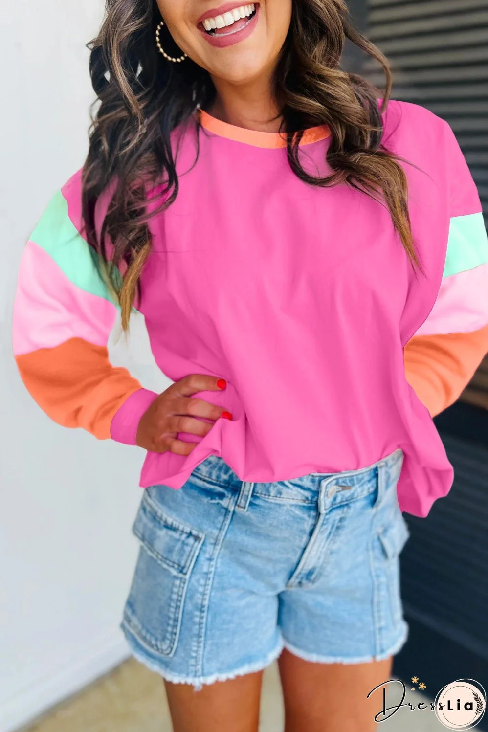 Rose Red Colorblock Patchwork Long Sleeve Loose Top