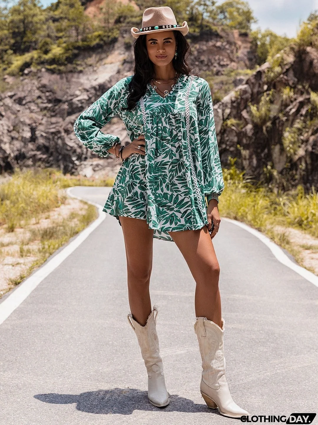 Long Sleeve V-Neck Mini Dress