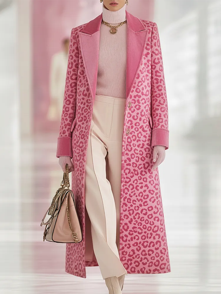 Urban Elegance Leopard Print Long Velvet Coat