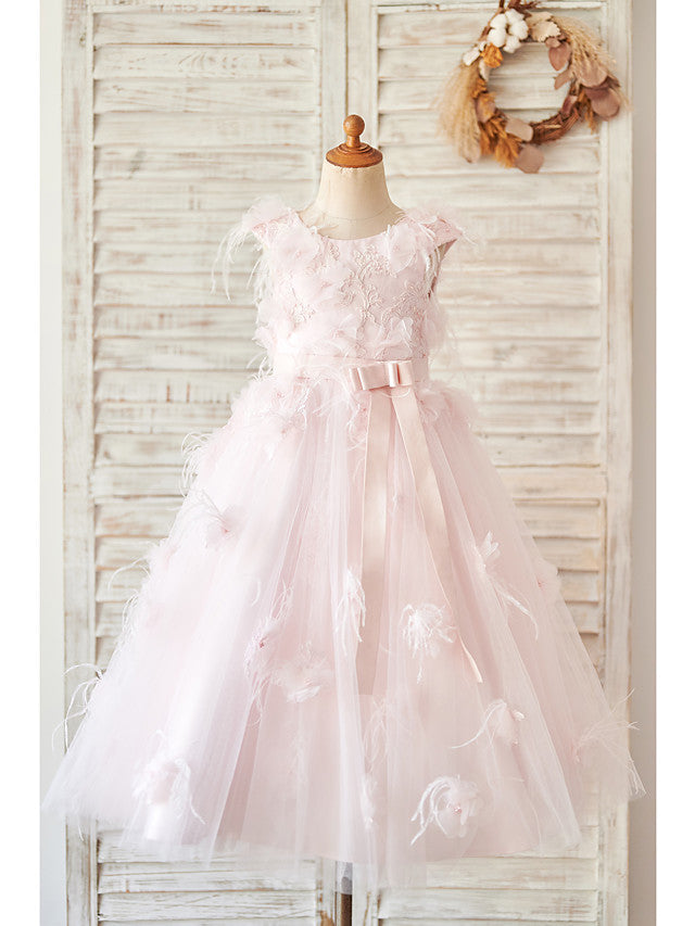 Oknass Ball Gown Sleeveless Jewel Flower Girl Dresses Satin Tulle With Feathers Fur Lace Belt