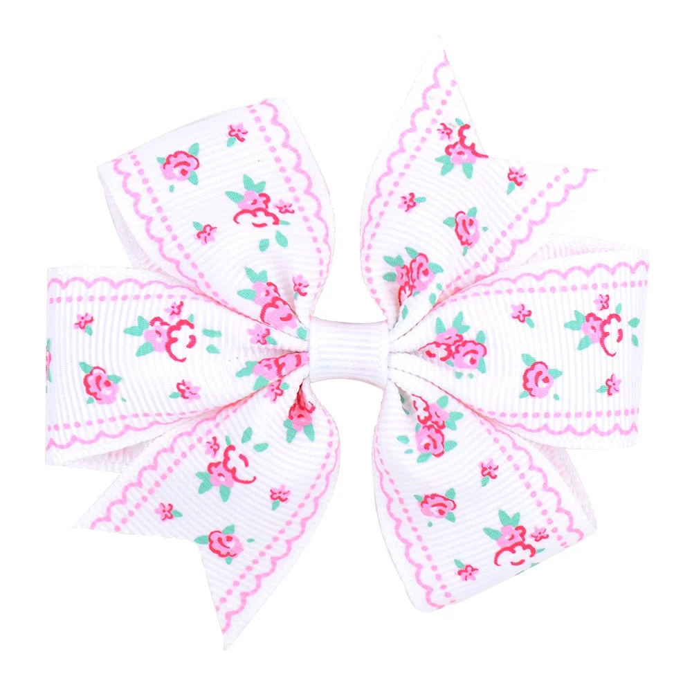 20pcs/lot Printed Flower Hair Bows With Clip For Baby Girls Grosgrain Ribbon Boutique Hair Clip Barrettes Hair Accessories 039