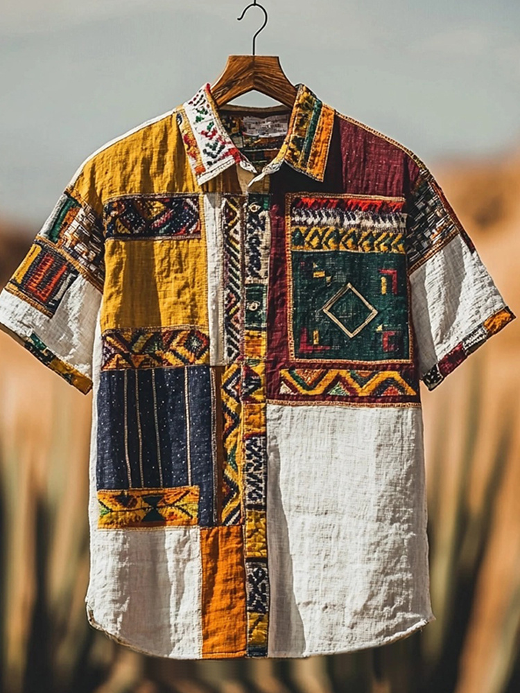 Vintage Geometric Pattern Patchwork Linen Shirt  artssus