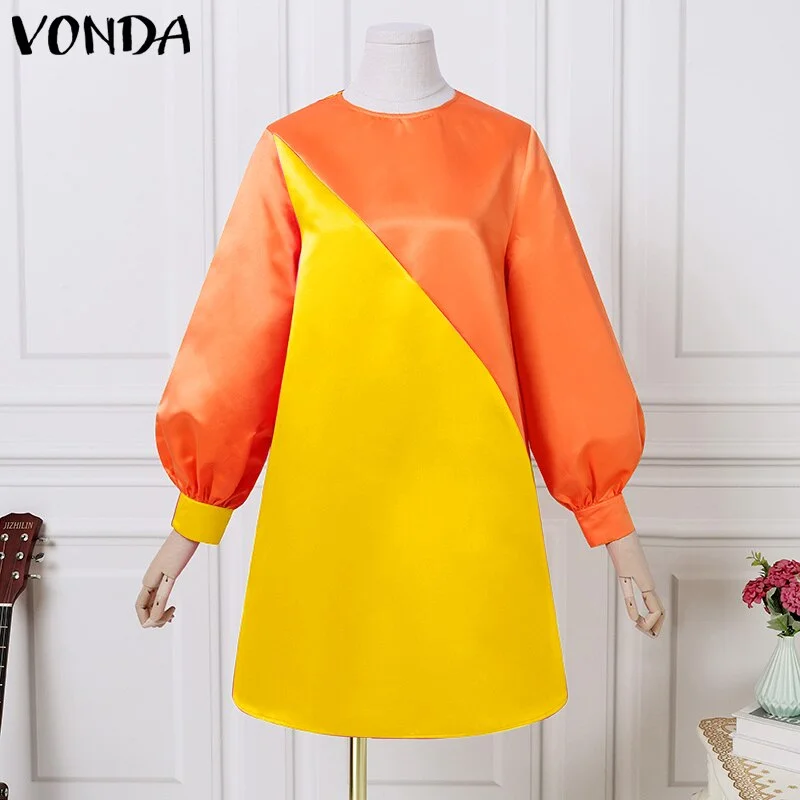 2022 Summer Dress VONDA Women Casual O Neck Vintage Patchwork Long Lantern Sleeve Dresses Plus Size Party Vestidos Short Robe