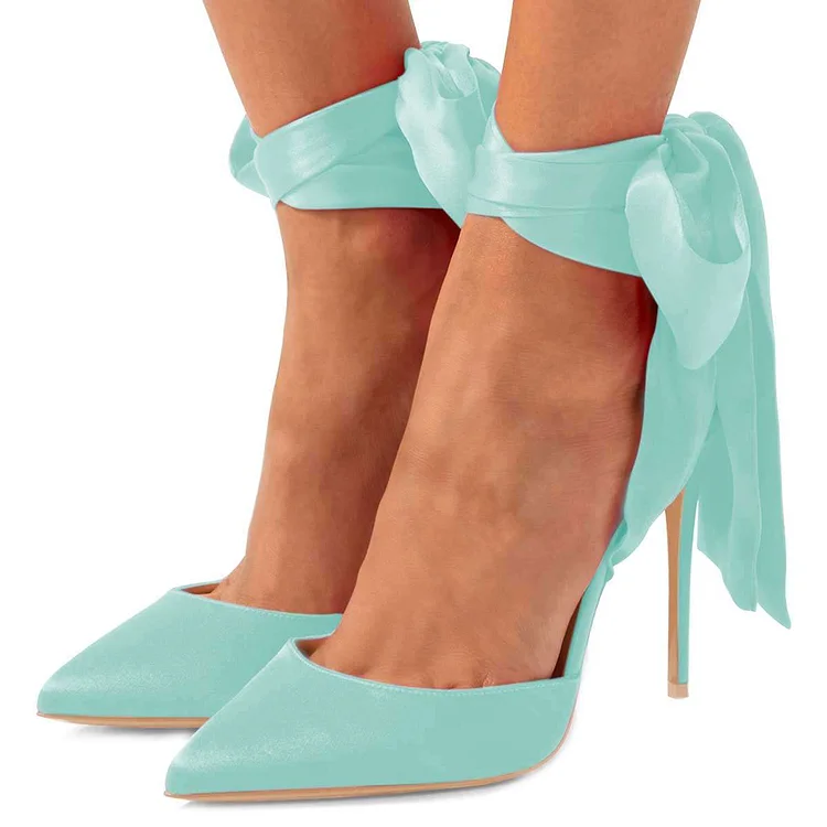 Turquoise Pointed Toe Ankle Tie Classic High Heels by FSJ |FSJ Shoes