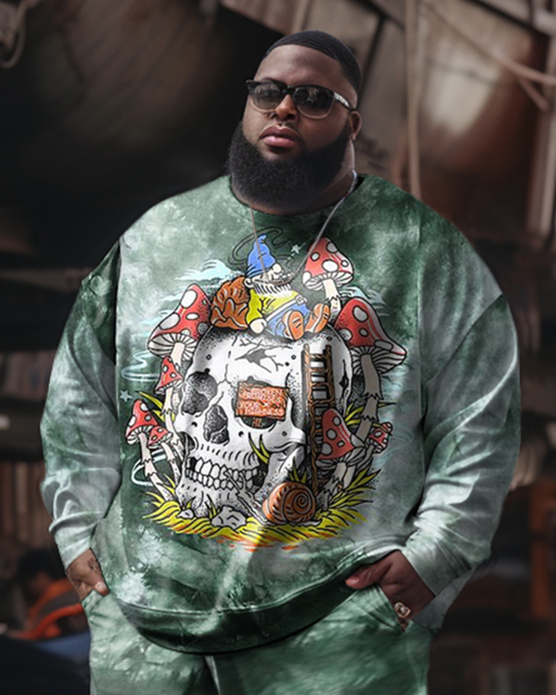 Men's  Plus Size Tie-Dye Skull Sweatershirt Two-Piece Set
