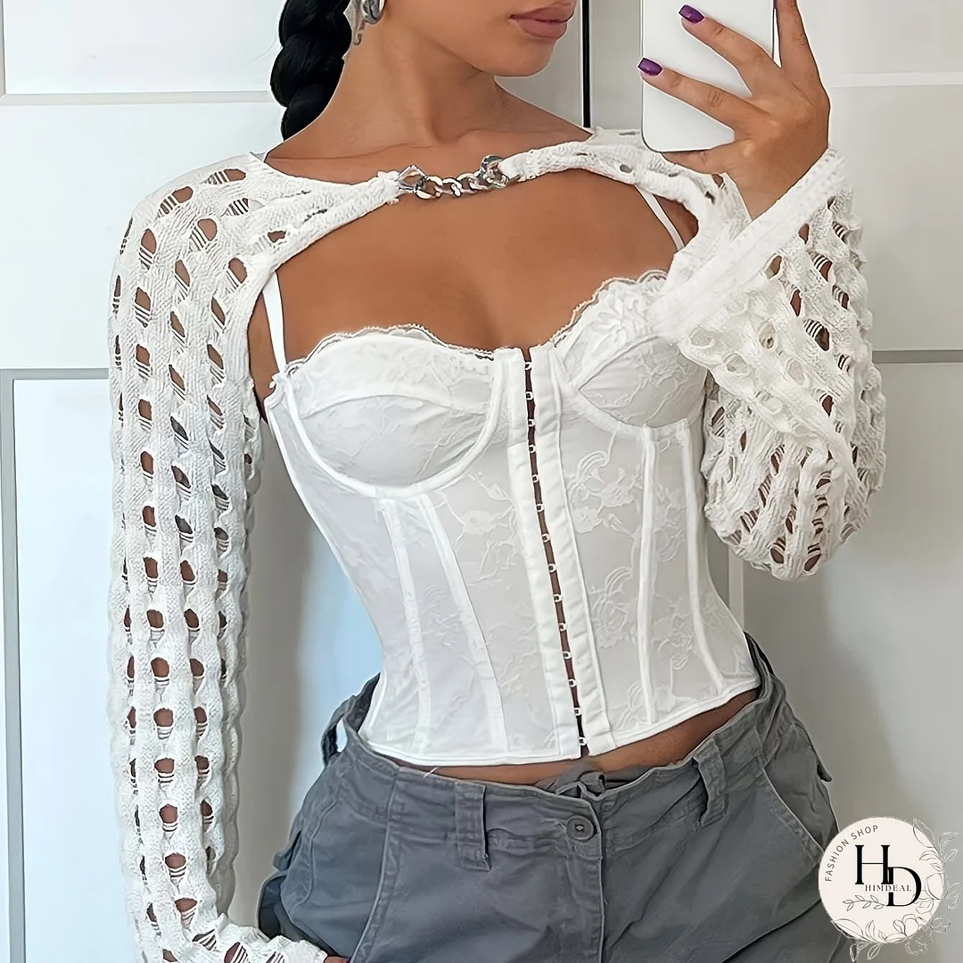 Solid Color Crew Neck Pullover Sweater, Y2K Cut Out Long Sleeve Chain Knitted Sweater For Every Day, Women's Clothing