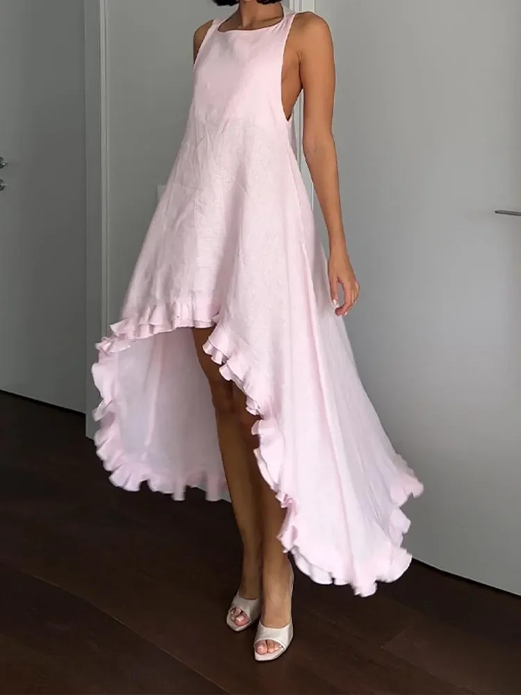 Shuantuo Fashion Chiffon Ruffled Irregular Hem Long Dress Women's Elegant O-neck Sleeveless Dresses Summer Lady Beach Vacation Robes