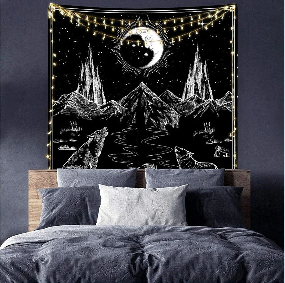White Black Sun and Moon Tapestry Wall Hanging Witchcraft Psychedelic Tapestries Boho Hippie Wall Rugs Dorm Decor Beach Blanket
