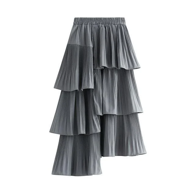 Vacation Solid Color Asymmetrical Multi Layered Pleat Ruffles Skirt