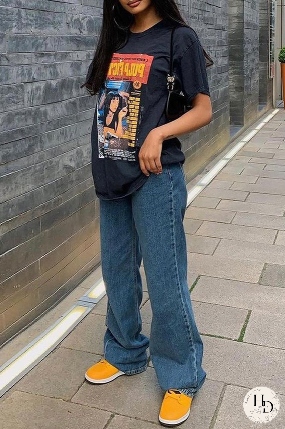 Black Casual Print Split Joint O Neck T-Shirts