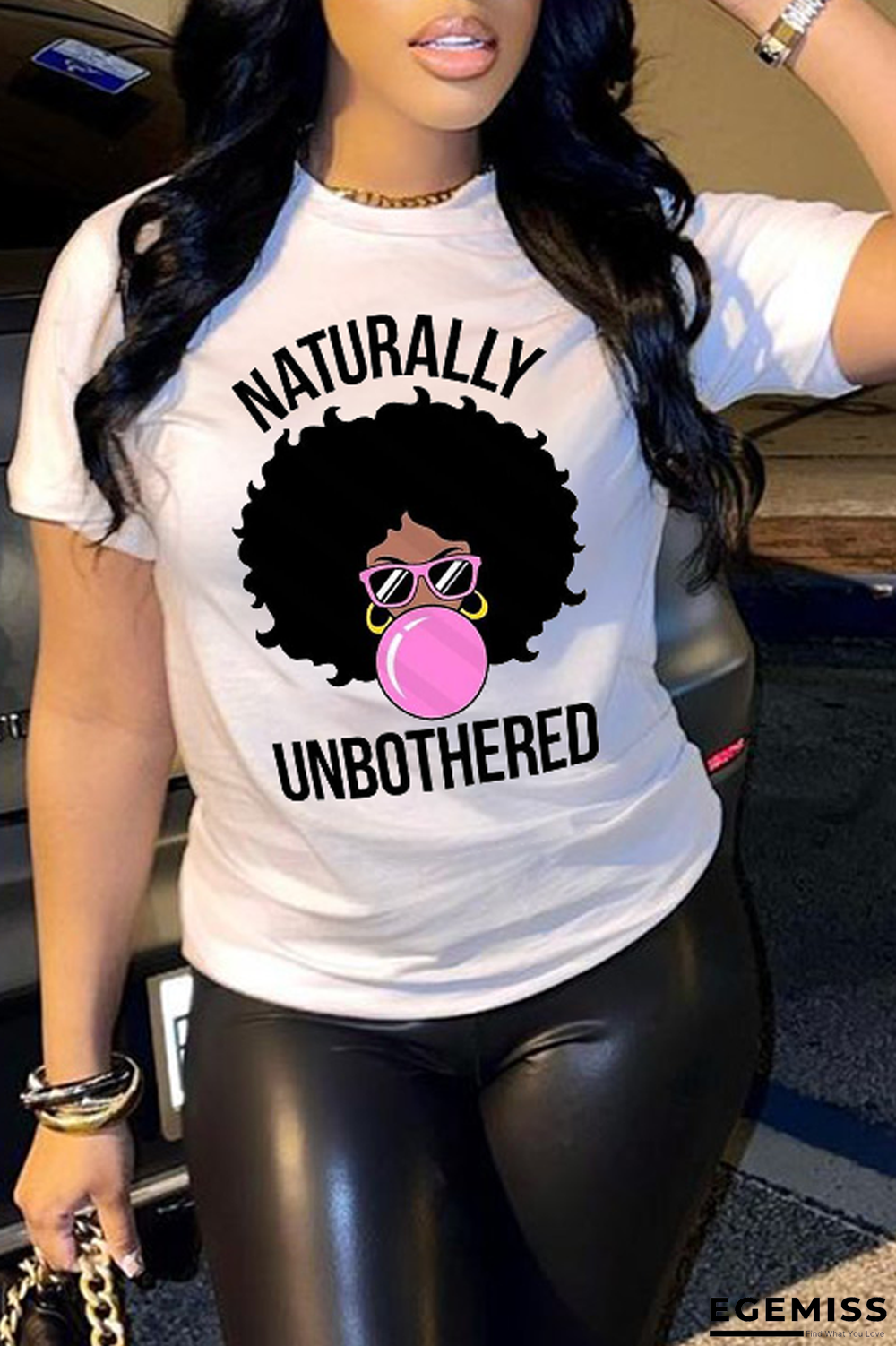 White Fashion Vintage Print Patchwork Letter O Neck T-Shirts | EGEMISS