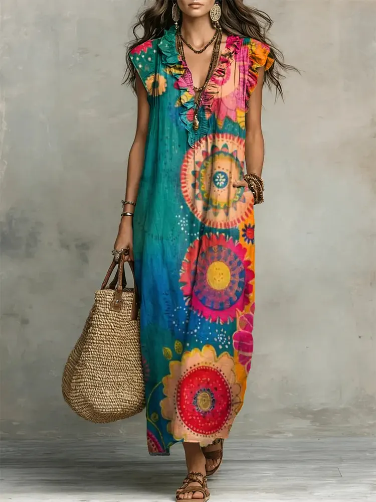 Women's Retro Floral Pattern Art Print Casual Ruffled Stylish Cotton Linen Dress